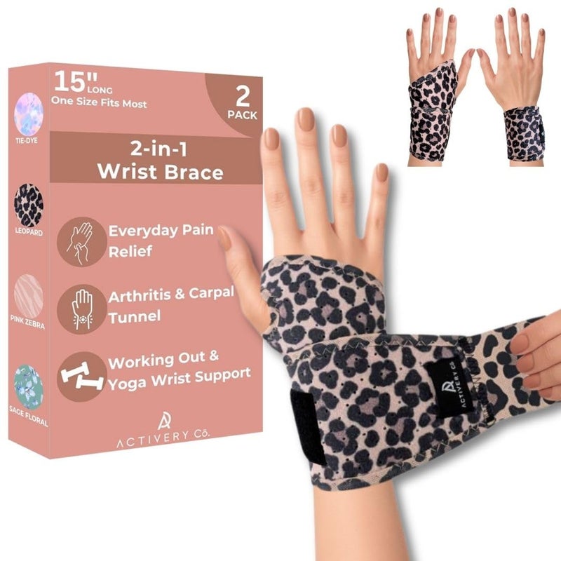 Activery Co Carpal Tunnel Wrist Brace Left Hand, Right Hand for Women, Day or Night Compression Wrist Support Brace for Fitness, Keyboard Use, or Overnight Support, 2 Pack, Leopard Print - Image 1